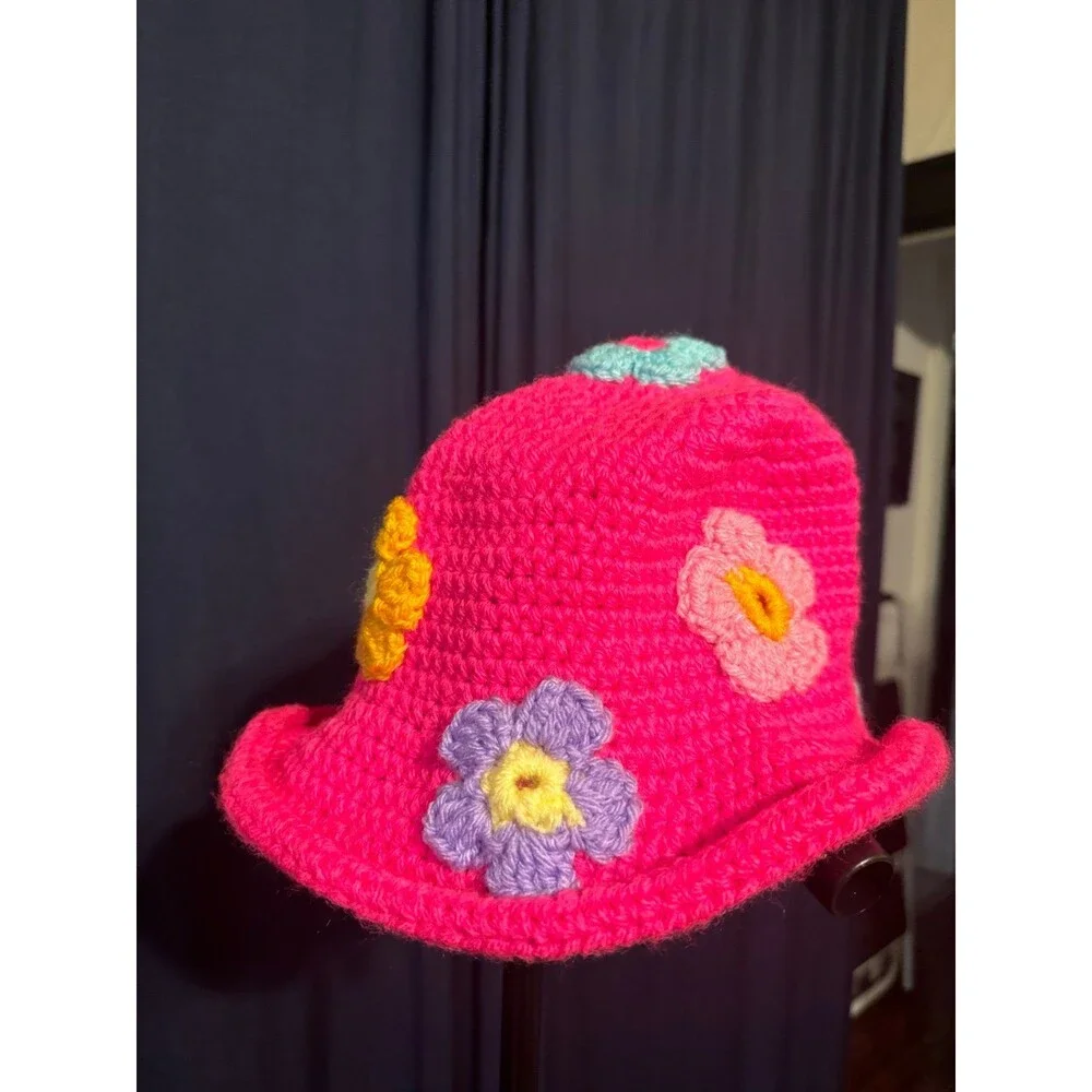 Hot Pink Crochet Flower Bucket Hat Y2K Festival Cottagecore